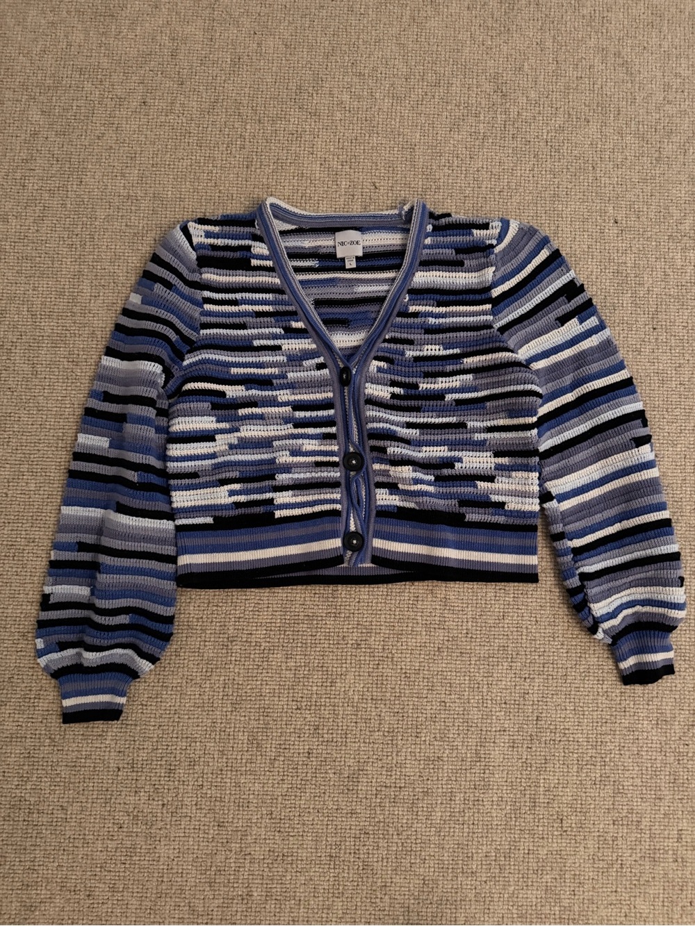 NIC + ZOE Striped Blue Cropped Button Cardigan